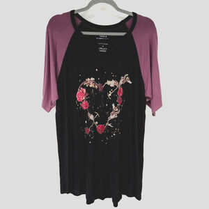 Torrid Super Soft Shirt 2 2X Black Purple Heart Roses Criss Cross Neck 11630543